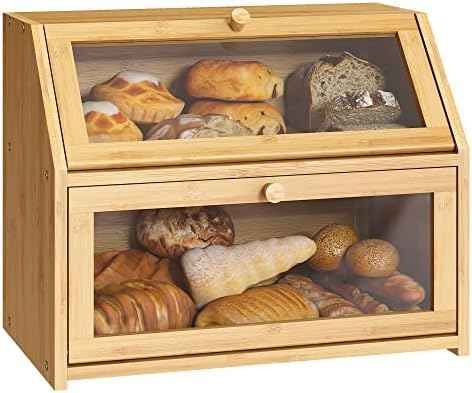 BMOSU Farmhouse Bread Box for Kitchen Countertop Bread box Double Layer Bamboo Wooden Extra Large Capacity Bin Kitchen Food Storage Container(Natural)