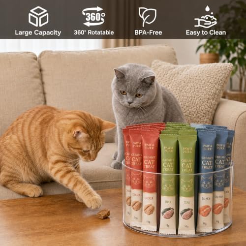Lickable Cat Treats Organizer, 360° Rotating Acrylic Lazy Susan with 4
