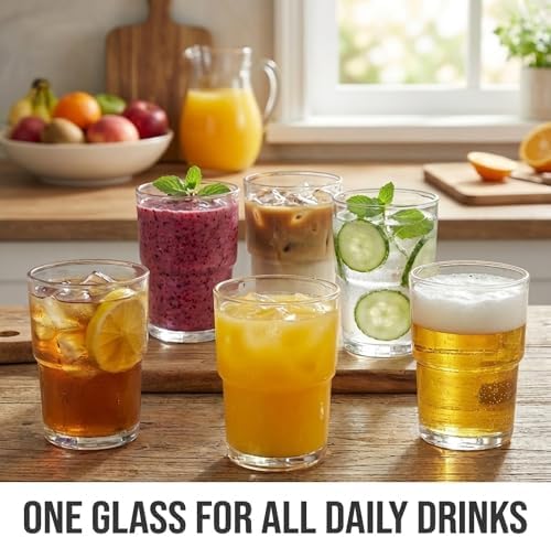 Clear Ribbed Glass Cups, Set of 6, 13 oz Stackable Drinking Glasses