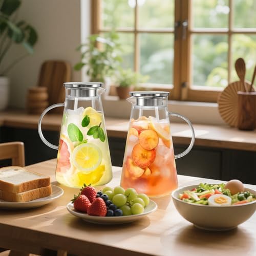 Nicunom 2 Pack 68 oz Glass Pitcher with Lid, BPA-Free Glass Water Jug