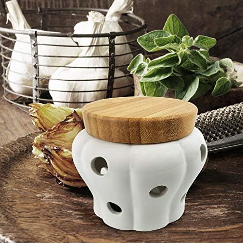 Ceramic Garlic Keeper with Bamboo Lid, 550 ml Vented White Stoneware