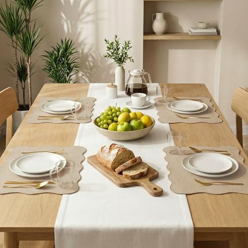 AHHFSMEI Faux Linen Placemats Set of 6 Scalloped Washable Heat