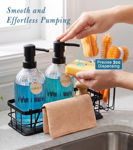 Kitchen Soap Dispenser Set with Sponge Holder, 15 fl oz, Clear Glass