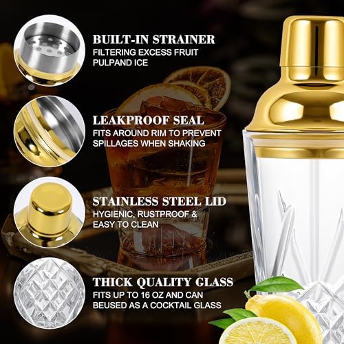 Glass Cocktail Shaker Set with Gold Lid for Home Bar & Cocktails