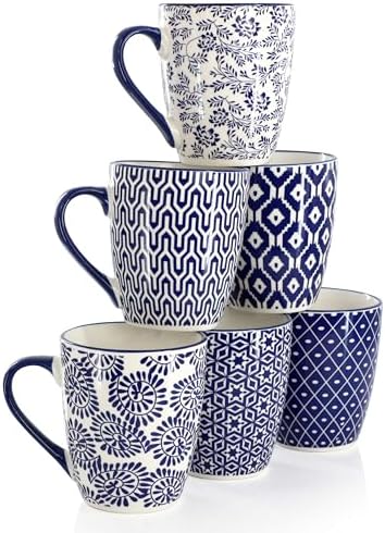 Elama Declan 12 Ounce Assorted Design Stoneware Mug Set in Blue and