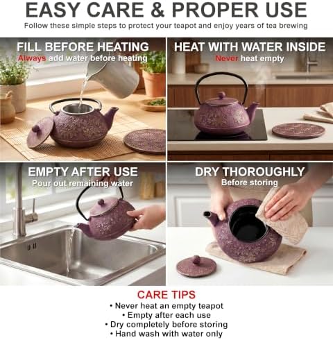 40 Oz Purple Maple Leaf Cast Iron Teapot, Enamel Interior, Infuser &