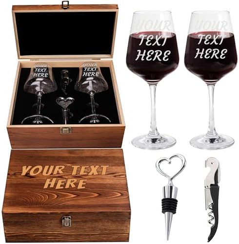 Custom Couples Wine Glasses Set Of 2, Engraved Your Text, Wood Box