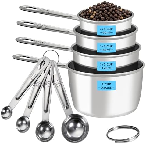 8 PCS Stainless Steel Measuring Cups and Spoons Set, Engraved Metric &