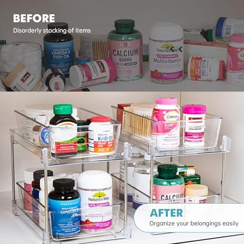 2 Pack Clear Bathroom Organizers and Storage, 2 Tier Pull Out Under