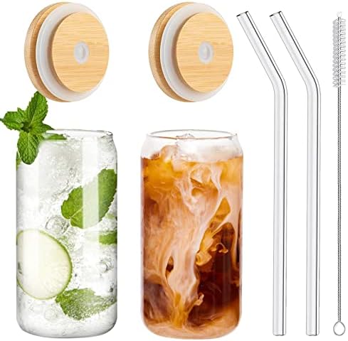 WISIMMALL Drinking Glasses with Bamboo Lids and Glass Straw 2PCS Set