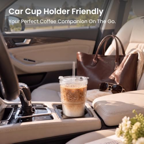 INSETLAN 20 oz Iced Coffee Cups with Lids and Straw, Set of 4 Glass