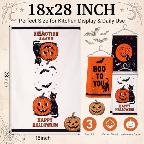 Tudomro 3 Pack Vintage Halloween Kitchen Towels, 18x28inch, Cotton