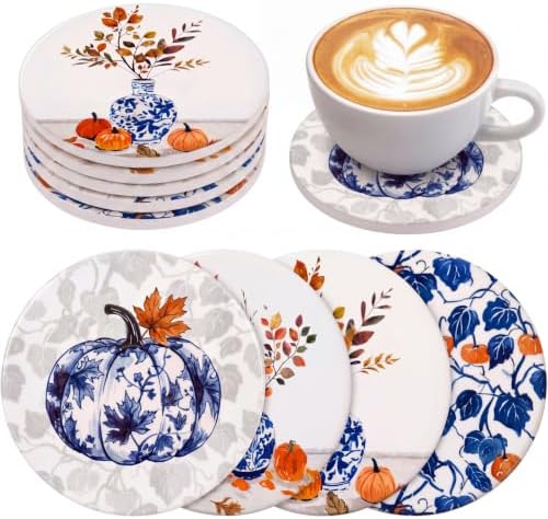 Hushee Fall Pumpkin Coasters Set of 4 Ceramic Blue Vase Chinoiserie