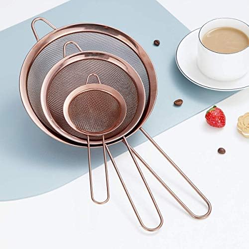 Kyraton Rose Gold Fine Mesh Strainer 3 Pieces Set, Copper Flour Sifter