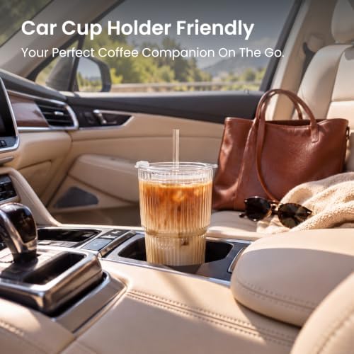 INSETLAN 20 oz Ribbed Glass Tumblers with Lids and Glass Straws