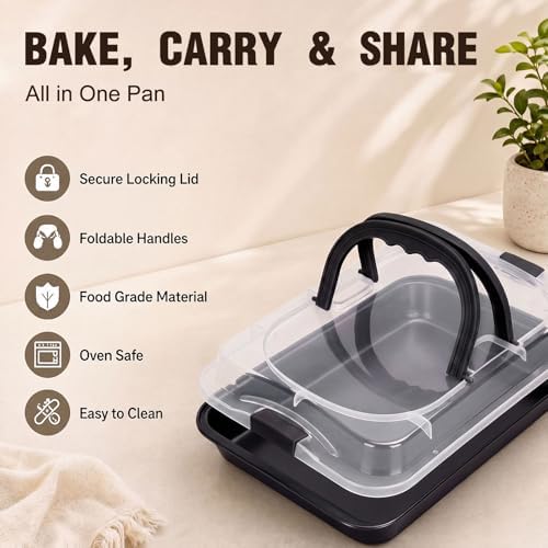 Qinyoung 1 Pcs Black Cake Pan with Lid and Handle, 9 X 13 Inch
