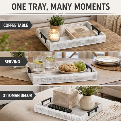 Whitewashed Wooden Serving Tray with Black Metal Handles and 4