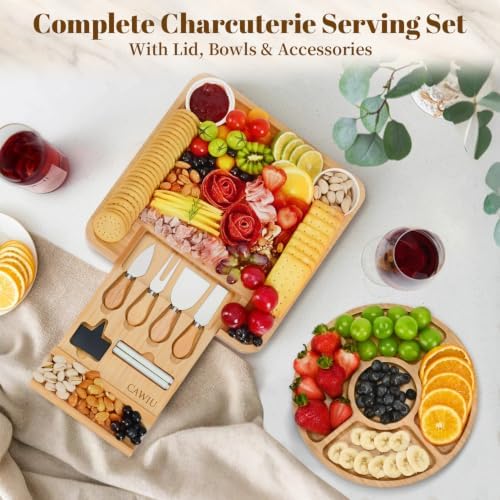 CAWIU Bamboo Charcuterie Board Set with Lid, Drawer and Fruit Tray, Black