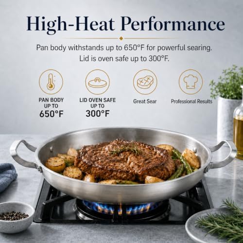 Yeksum Tri-Ply Stainless Steel Paella Pan, 14.5 inch Large Skillet,12