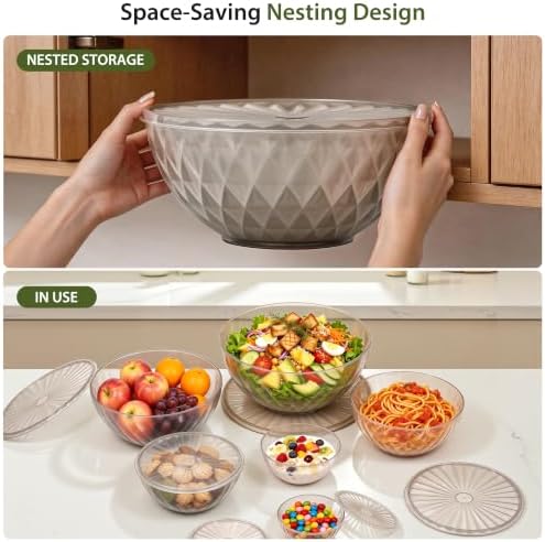 Plastic Mixing Bowls with Lids, 6 Piece Nesting Bowls Set for Kitchen
