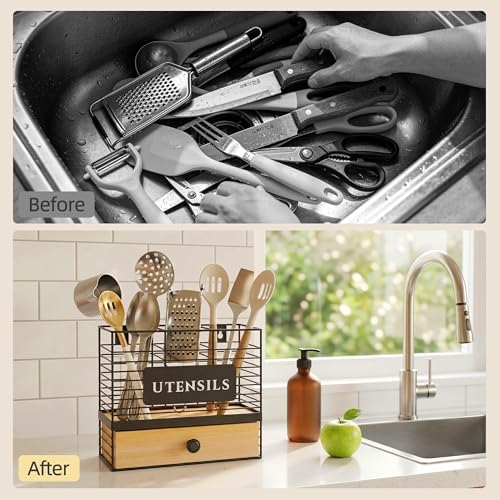 THYGIFTREE Kitchen Utensil Holder for Countertop, 2-in-1 Utensil