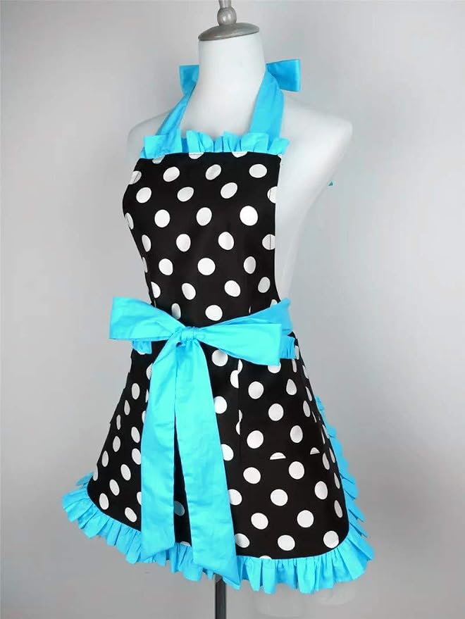 Hyzrz Cute Apron Retro Black Polka Dot Retro Ruffle Side Vintage Cooking Aprons - Image 4