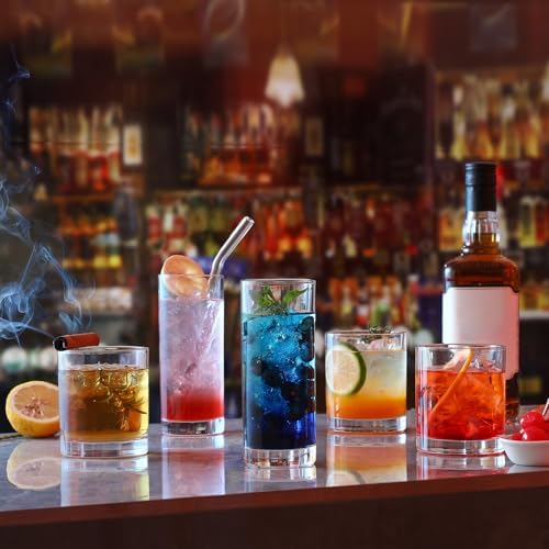 [12 Pack] Glass Cups with Glass Straws, 12oz Highball & Rock Drinking