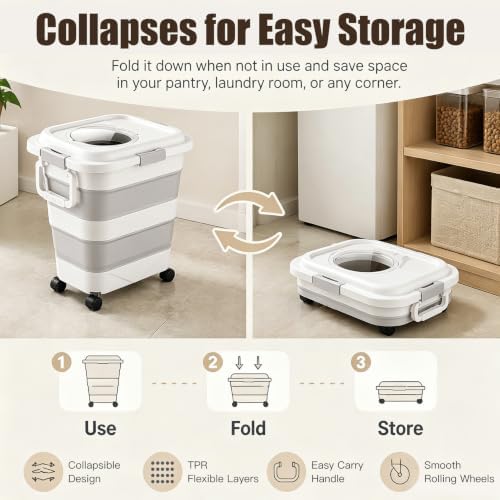Dog Food Storage Container with Wheels, Foldable Airtight Pet Food Bin