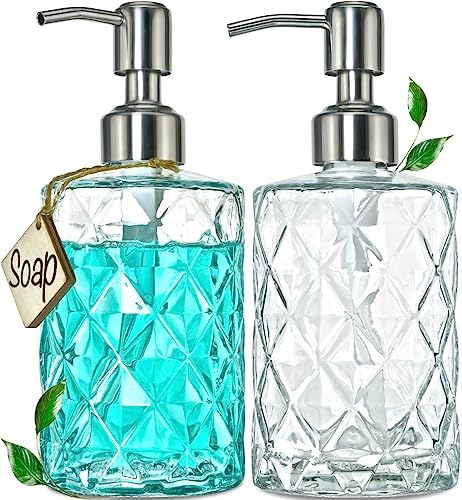 JASAI 2Pack Diamond Embossed Glass Soap Dispensers, 12 OZ