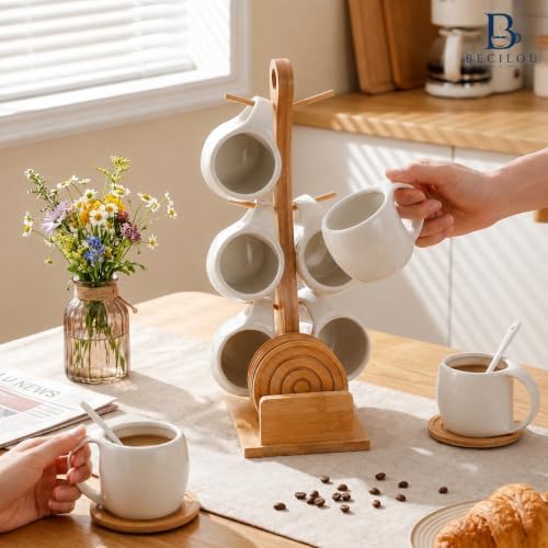 Coffee Mug Set of 6 with Bamboo Rack, White Ceramic Coffee Cups with