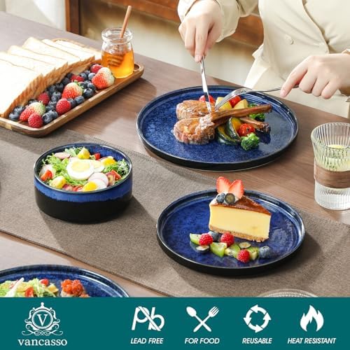vancasso Starry Plates and Bowls Sets for 8, 24 Pieces Blue Dinnerware Sets for Kitchen, Modern Stoneware Dishes Set, Dishwasher and Microwave Safe