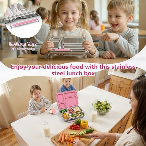 Stainless Steel Bento Lunch Box, 4 Compartments, Pink
