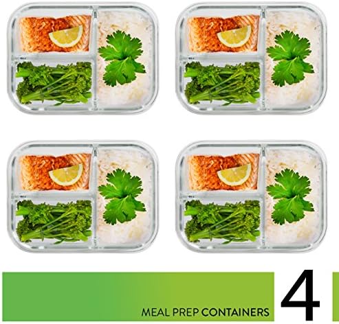 PrepNaturals 4 Pack 34oz Glass Meal Prep Containers - 3 Compartments