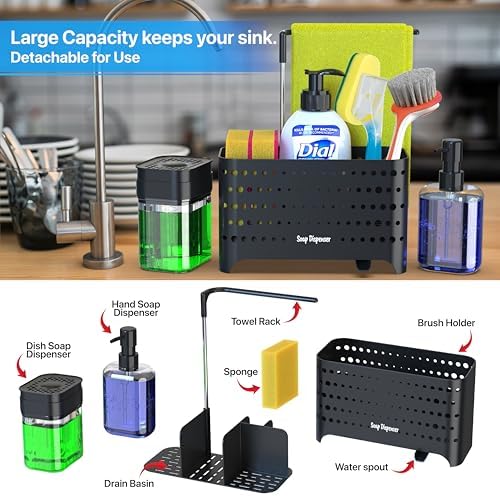 YAN & HIN Dish Soap Dispenser Set, 5-in-1, Sponge Holder