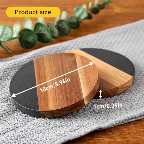 WLWNWFT Marble Acacia Wood Drinks Coasters Set of 4, Modern Rustic