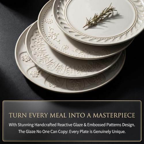 Artena Large Ceramic Dinner Plates Set Of 4, 10.75 Inch Embossed
