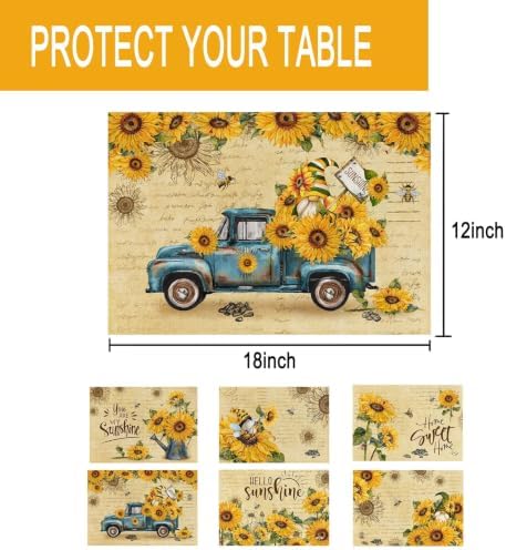 pinata Sunflower Linen Square Summer Spring Placemats Set of 6