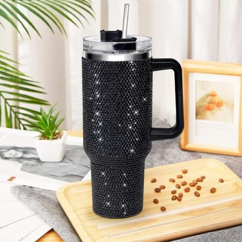 40oz Tumbler with Handle and Straw, Glitter Rhinestones Tumbler Bling