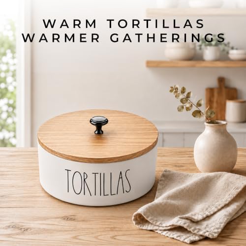 Tortilla Warmer with Lid — Ceramic Tortilla Holder with Wood Lid