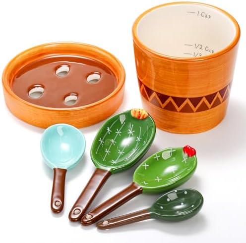 Coloch 5Pcs Ceramic Measuring Spoons in Pot, Cactus Shape Baking