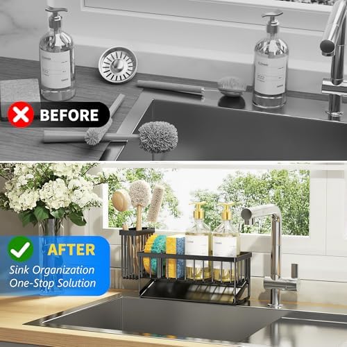 Cisily Kitchen Sink Caddy with Brush Holder, Stainless Steel