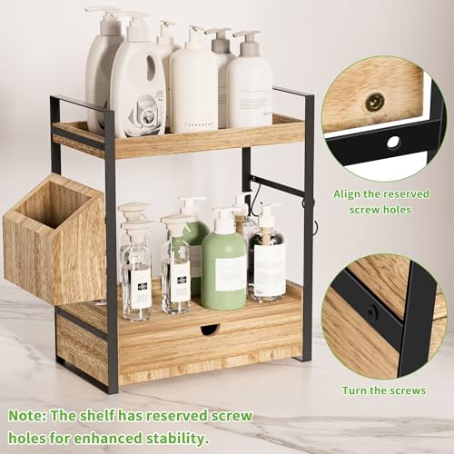2-Tier Wooden Bathroom Counter Organizer with Drawer