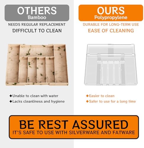 Clear Expandable Silverware Organizers for Kitchen Drawers,Large BPA Free Cutlery Organizer in Drawer,Plastic Utensil Drawer Organizer Suitable as Flatware,Knife,Fork,Spoon,Silverware Holder and Tray