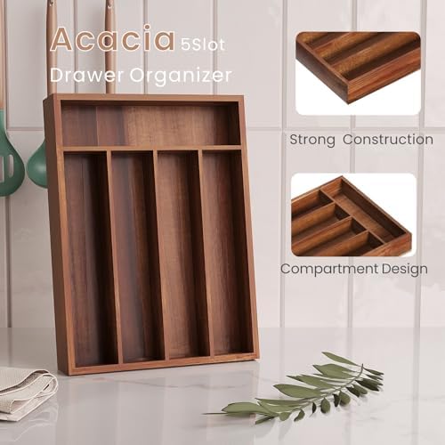 Fibogollo Acacia Wood Silverware Organizer, 5 Slots