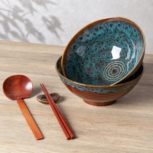40oz Japanese Ceramic Ramen Bowl Set of 2 with Chopsticks and Spoons