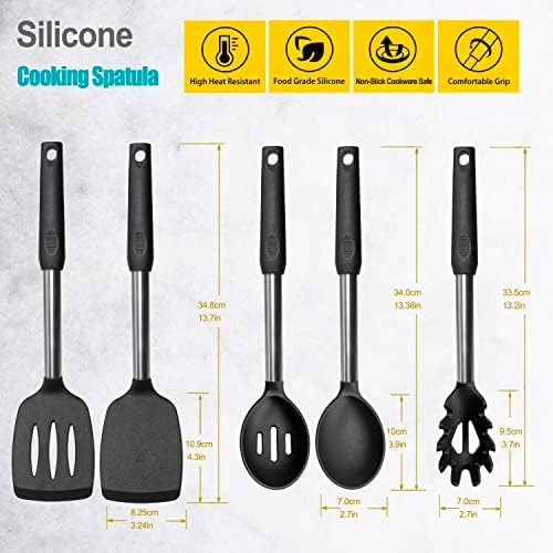 Silicone Spatula and Cooking Spoon Set, 5-Pack, Black