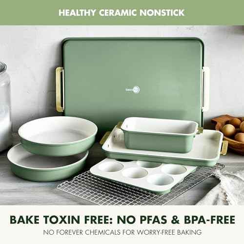 GreenPan Bakeware Set, 7 Piece Nonstick Ceramic Gold Handle Baking Sheets, Cake Pans, Loaf Pan, Muffin Tin, Cooling Rack, PFAS & BPA Free, Freezer to Oven Dish, Bake & Roast Ovenware, Sage Green