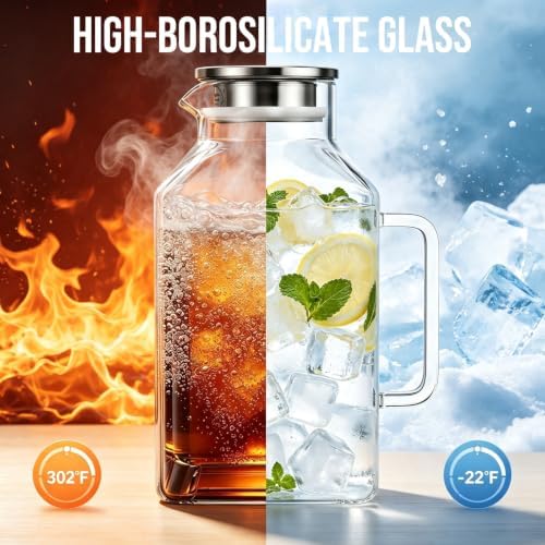 SoulTimes 1 Gallon Thickened Glass Pitcher with Lid and Wider Handle.