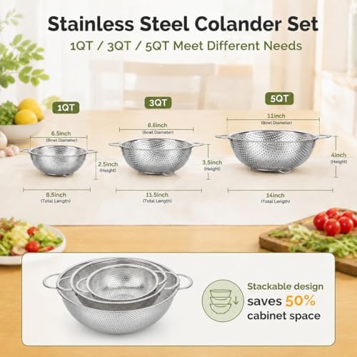TeamFar Colander Set of 3, Stainless Steel Perforated Colander