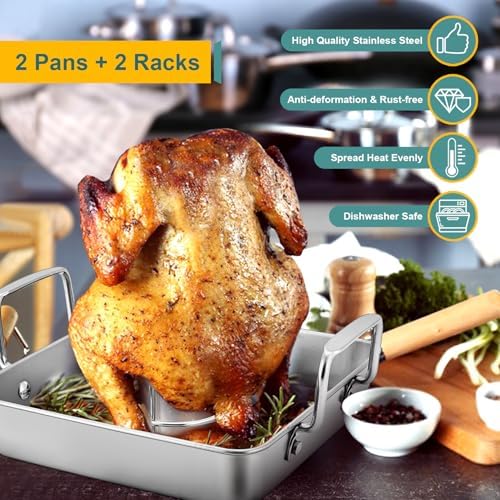P&P CHEF Beer Can Chicken Holder with Roasting Pan Set, Square, 4Pcs